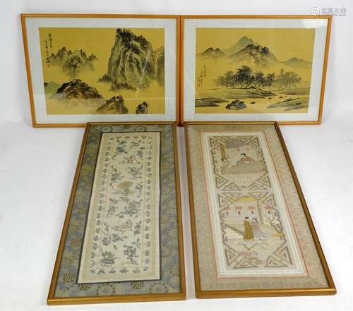 Two Chinese paintings and two embroidery panels, 20th centur...