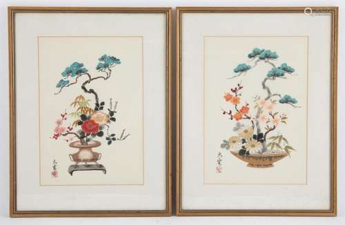 A Pair of Chinese Paintings. 20th century. Painted with Flor...