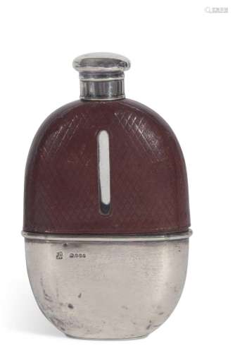 Victorian glass and leather overlaid spirit flask, oval shap...