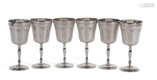Set of six Elizabeth II goblets. The inverted bell shaped to...