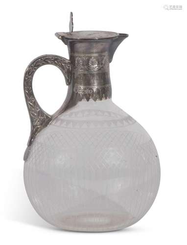 Victorian engraved oval glass claret jug with applied canthu...