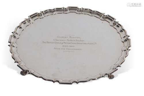 Elizabeth II shaped circular salver with Chippendale edge su...