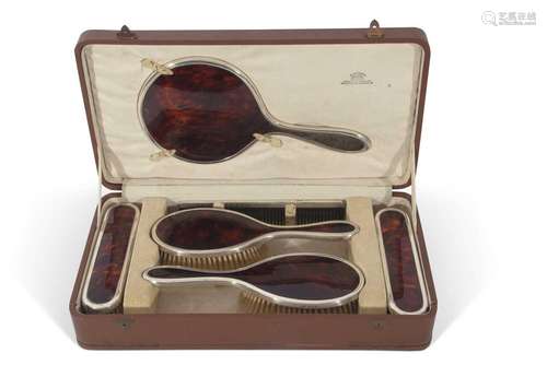 George V silver and tortoiseshell backed dressing table set ...