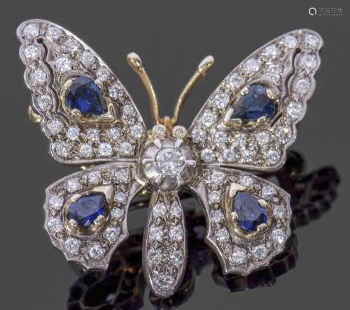 Diamond and sapphire butterfly brooch, the outstretched wing...