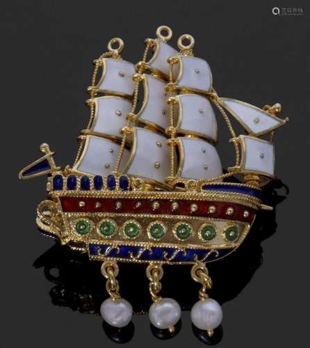 Clipper sailing ship brooch decorated with white, red, and g...