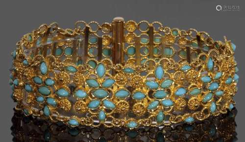 High grade yellow metal and turquoise set bracelet, each pan...