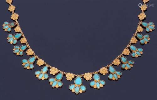High grade yellow metal and turquoise set necklace featuring...