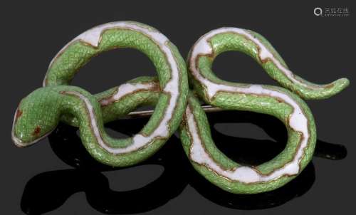 750 and 18k stamped enamel serpent brooch, the entwined gree...