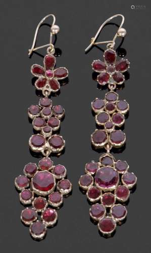 Pair of vintage Bohemian style garnet pendant earrings of fl...