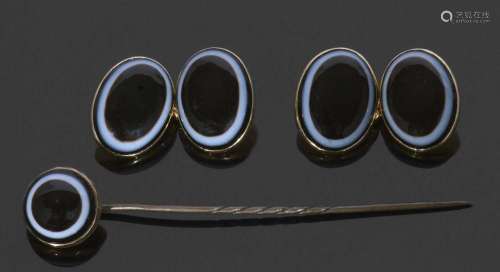 Mixed Lot: pair of banded agate cuff links of oval cabochon ...