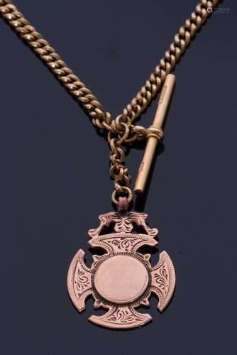 18ct gold double Albert watch chain with a T-bar and two cli...