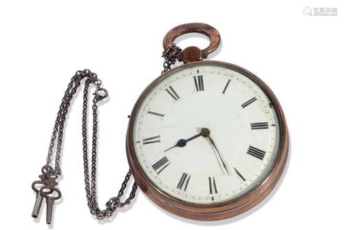 Large copper pocket watch, copper case with white enamel dia...