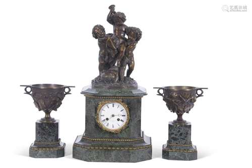 A good quality19th century French clock garniture, the clock...