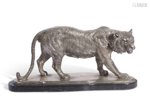 20th Century cast metal model of a male Tiger set on a polis...