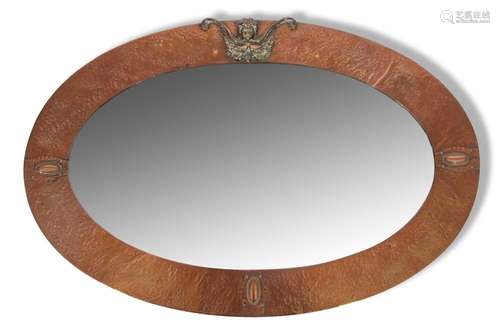 Late 19th century bevelled oval wall mirror in Arts and Craf...