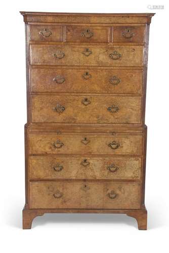 Georgian walnut veneered chest on chest with moulded cornice...