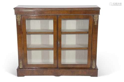 Victorian walnut bookcase cabinet with two glazed doors open...