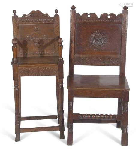 17th Century and later oak hall chair with panelled back and...