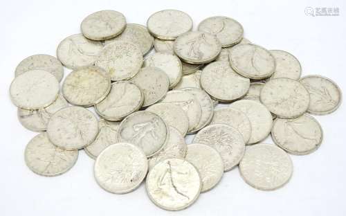 France,Lot d'environ 42 monnaies de 5 fr Semeuse en argent: ...