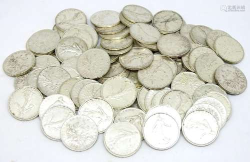 France,Lot d'environ 84 monnaies de 5 fr Semeuse en argent: ...