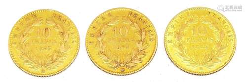 France,Réunion de trois monnaies de 10 fr or Napoleon III tê...