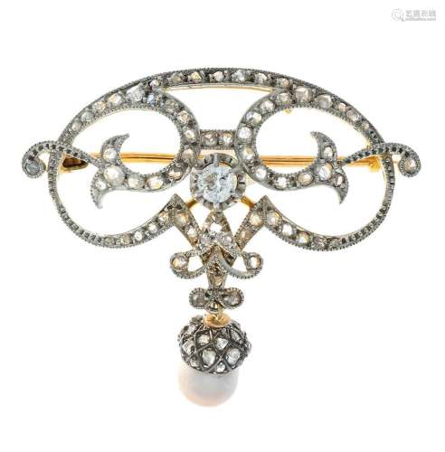 Broche Volute en or sertie de diamants retenant une perle (p...