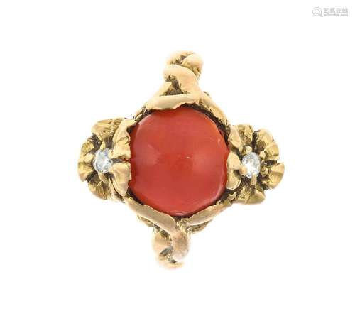 Bague 1900 en or 14Kt ornée d'un cabochon de corail et de mo...