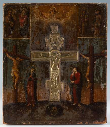 Russian icon -Estaurotheque-, 18th century."Crucifixion...