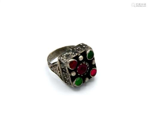 ANELLO QUADRATO IN ARGENTONE CON PIETRE DURE,misura 12