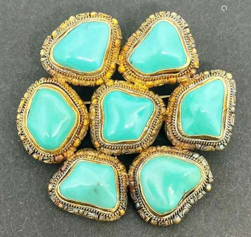 CHINA SILVER GOLD TONED BROOCH WITH TURQUOISE