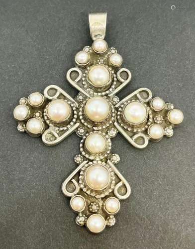 MG STERLING CROSS PENDANT LOADED WITH PEARLS