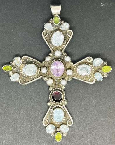 LARGE WG STERLING CROSS PENDANT WITH MULTI