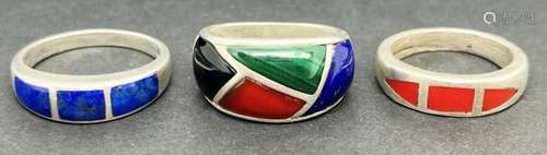 3-STERLING RINGS WITH BLUE LAPIS/RED CORAL/