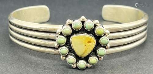 V CORTEZ STERLING CUFF WITH GREEN STONE FLOWER