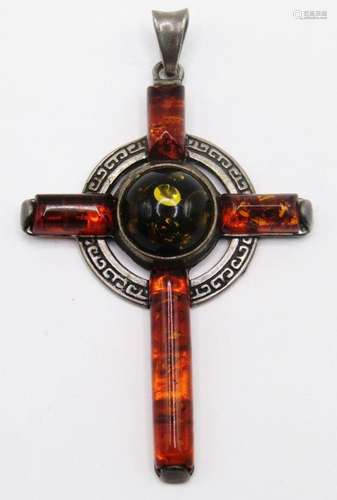 VINTAGE STERLING BALTIC AMBER CROSS PENDANT