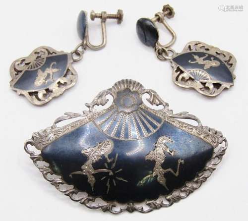 SET! SIAM STERLING BROOCH WITH MATCHING PAIR