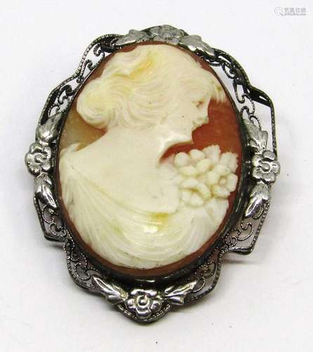 VINTAGE STERLING CAMEO BROOCH WITH SHELL