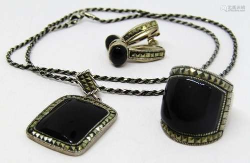 3-PIECED STERLING MARCASITE SET WITH BLACK