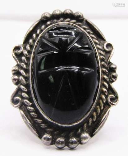 SIZE 8 STERLING BLACK SCARAB BEETLE RING