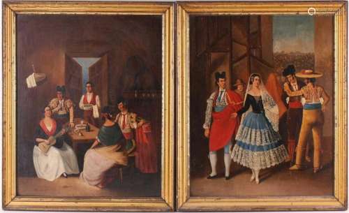 19th-century Spanish school, a pair of betrothal/marriage sc...