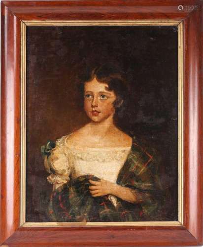19th century school, portrait of a girl wearing a tartan sha...