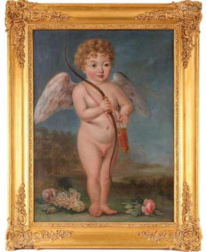 20th century school, a naive portrait of Cupid, oil on canva...