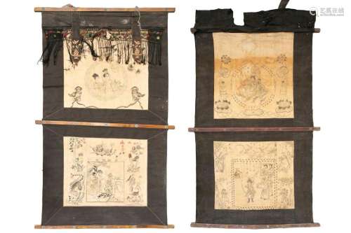 Two Chinese printed and hanging theatrical linen banners, bo...