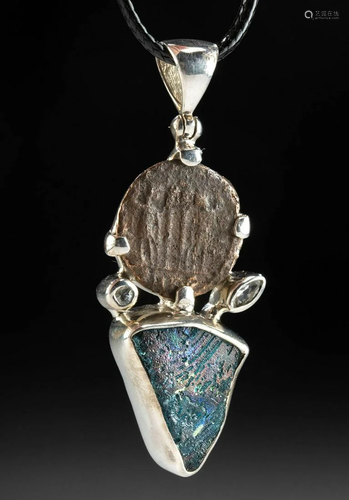 Silver, Topaz, Aquamarine, Roman Glass & Coin Pendant