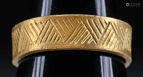 9th C. Viking 22K+ Gold Ring Incised Detailing