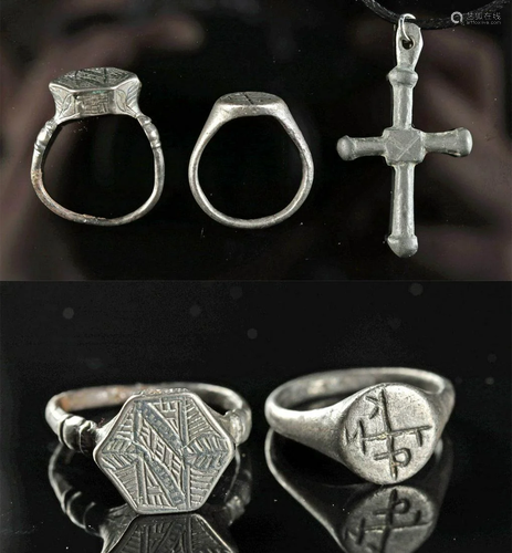 Roman / Byzantine Bronze Cross Pendant, 2 Silver Rings