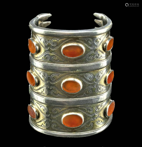 19th C. Turkoman Gilt Silver Bracelet w/ Carnelian