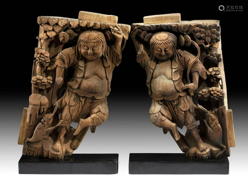 19th C. Chinese Qing Wood Architectural Pcs, Money Toad