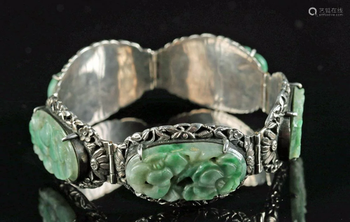 Early 20th C. Chinese Silver Bracelet Carved Jade Stone