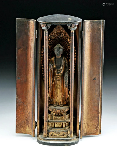 19th C. Japanese Gilt Wood Zushi Shrine w/ Amida Buddha